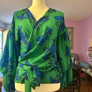 Jealous Tomato Green and Blue Floral Wrap Blouse